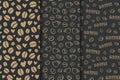 Vector set of black pattern with bronze coffee beans and hearts. Royalty Free Stock Photo